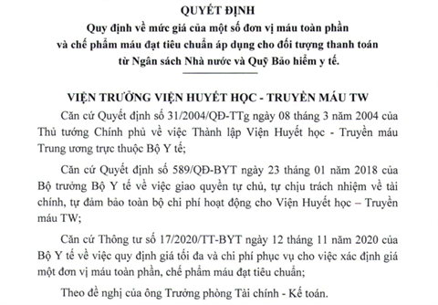 Mức giá của một số đơn vị máu toàn phần và chế phẩm máu