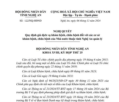 Quy định giá dịch vụ khám chữa bệnh bđối với các cơ sở khám bệnh, chữa bệnh của nhà nước thuộc tỉnh Nghệ An quản lý