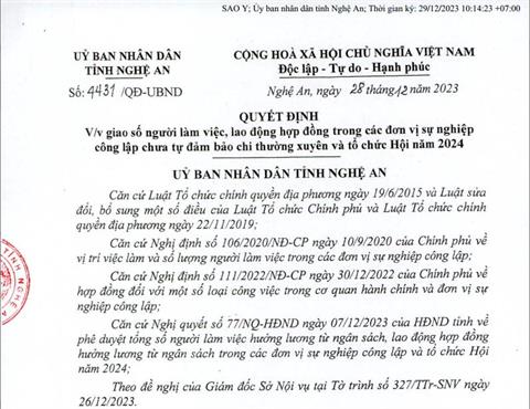 Quyết định giao số người làm việc, lao động hợp đồng trong các đơn vị sự nghiệp công lập chưa tự đảm bảo chi thường xuyên 2024