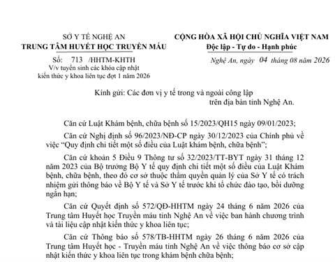 Tuyển sinh các khóa cập nhật Kiến thức y khoa liên tục đợt 1 năm 2026
